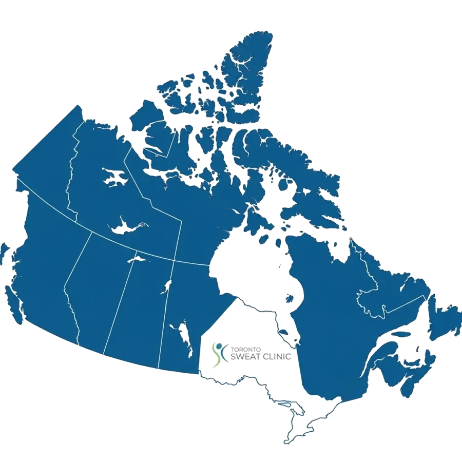 Map of Canada with every province and territory shaded blue except Ontario, where the Toronto Sweat Clinic is located. Dr. Irshad welcomes out-of-province patients from across Canada for ETS surgery.