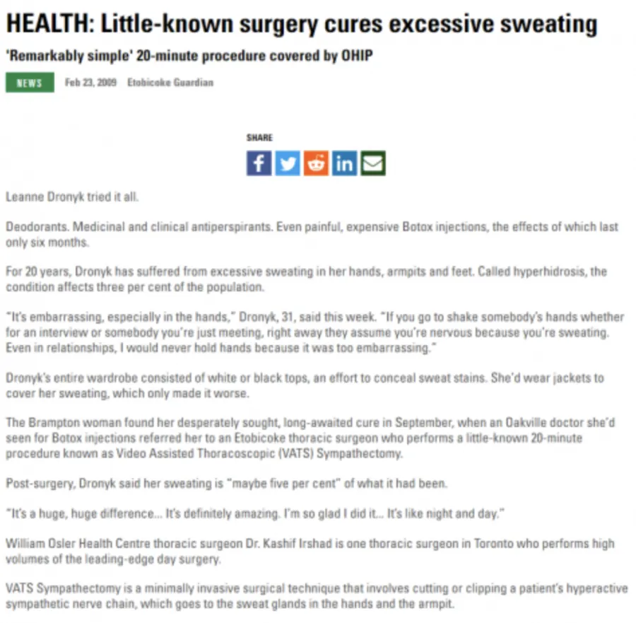 Etobicoke Guardian — Little-known surgery cures excessive sweating