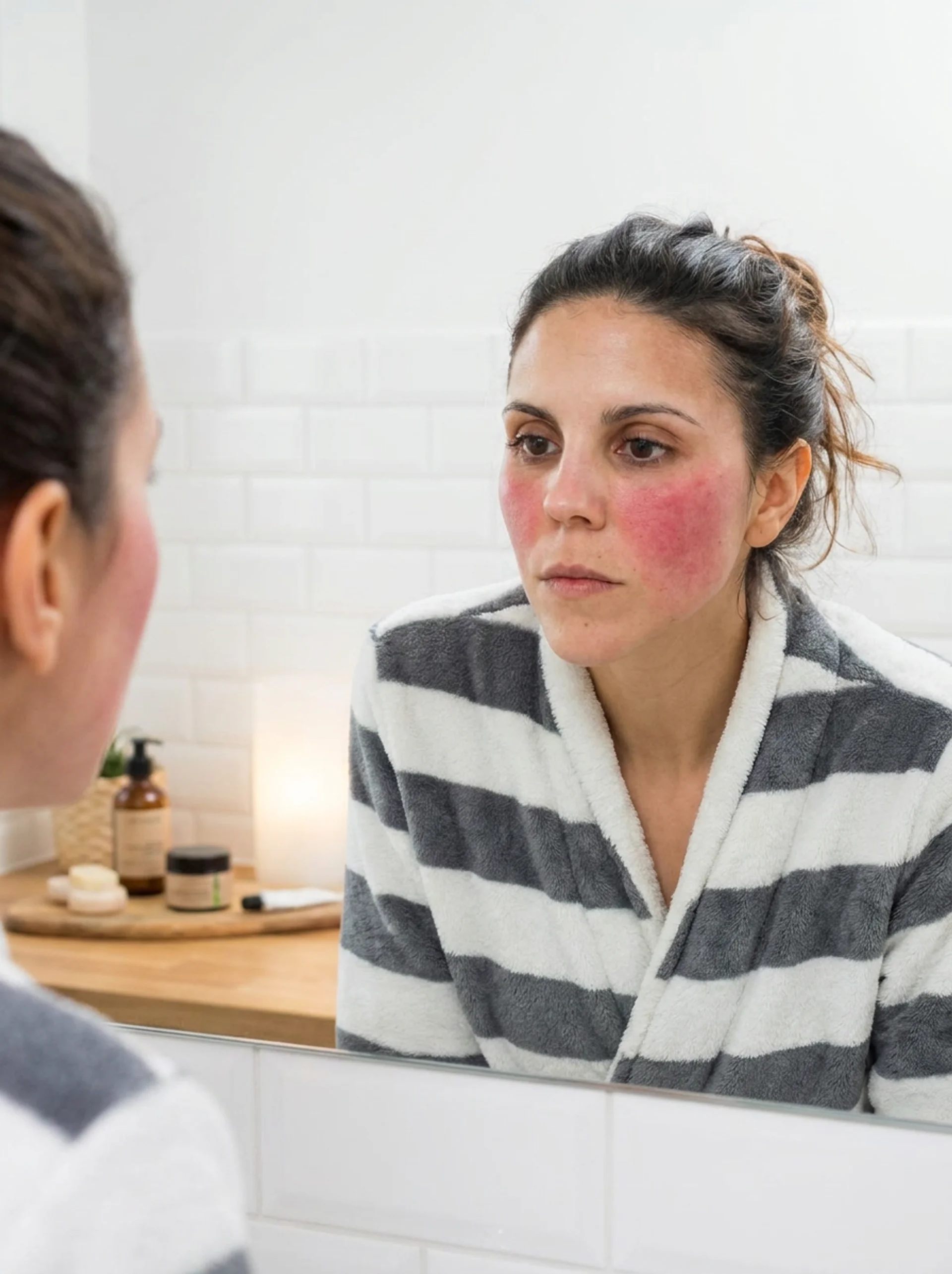 A woman with facial flushing and redness across her cheeks