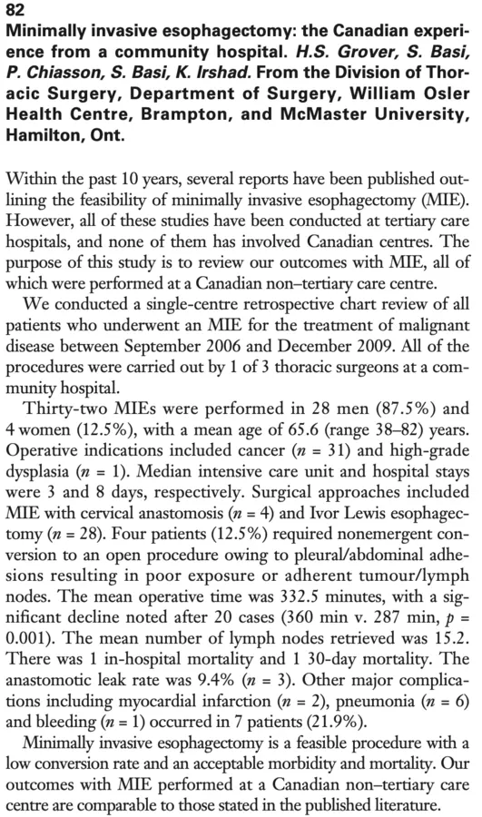 Published abstract — Minimally Invasive Esophagectomy: The Canadian Experience from a Community Hospital